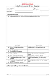 Initial Environmental Review Checklist -- Company General Information