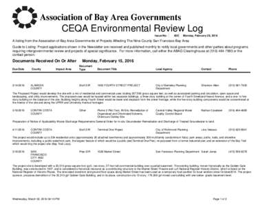 CEQA Environmental Review Log Issue No: 400  Monday, February 29, 2016