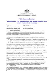 Public Summary Document Application No[removed]Assessment of viral tropism testing of HIV to inform treatment with maraviroc Applicant:  ViiV Healthcare