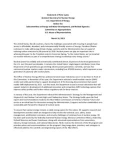 Statement of Peter Lyons Assistant Secretary for Nuclear Energy U.S. Department of Energy Before the Subcommittee on Energy and Water Development, and Related Agencies Committee on Appropriations