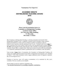 Nominations Now Open For  ACADEMIC SENATE DISTINGUISHED TEACHING AWARD 2016