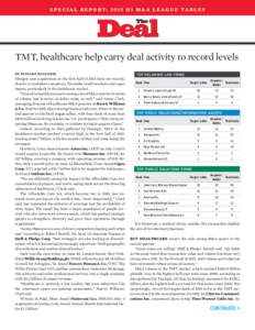 S p e c i a l R e p o r t: H 1 M & A L e a g u e Ta b l e s  TMT, healthcare help carry deal activity to record levels by Tatjana Kulkarni  Mergers and acquisitions in the first half of 2015 have set records,