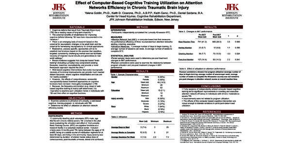 Effect of Computer-Based Cognitive Training Utilization on Attention Networks Efficiency in Chronic Traumatic Brain Injury Yelena Goldin, Ph.D., Keith D. Cicerone, Ph.D., A.B.P.P., Keith Ganci, Ph.D., Daniel Saldana, B.A