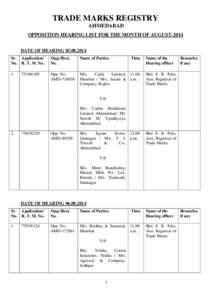 TRADE MARKS REGISTRY AHMEDABAD OPPOSITION HEARING LIST FOR THE MONTH OF AUGUST-2014 DATE OF HEARING[removed]Sr. Application/ No. R. T. M. No.