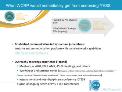 What WCRP would immediately get from endorsing YESS  Founded	
  by	
  PhD	
  students	
   2010	
   	
   YESS/CLIVAR	
  ECS	
  merge	
  