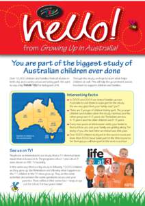 You are part of the biggest study of Australian children ever done Over 10,000 children and families from all states in both city and country areas are taking part. We want to say a big THANK YOU for being part of it.