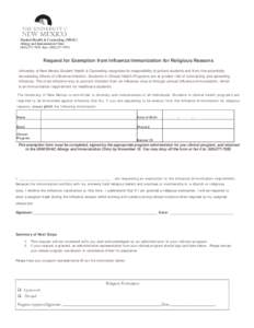 Student Health & Counseling (SHAC) Allergy and Immunization ClinicFax: (Request for Exemption from Influenza Immunization for Religious Reasons University of New Mexico Student Health & Coun