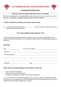 THE TANGMERE MILITARY AVIATION MUSEUM TRUST Charity Gift Aid Declaration Boost your donation by 25p of Gift Aid for every £1 you donate Gift Aid is reclaimed by the Tangmere Military Aviation Trust from the tax you pay 