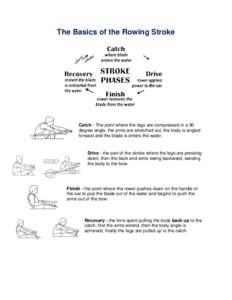 The Basics of the Rowing Stroke  Catch - The point where the legs are compressed in a 90 degree angle, the arms are stretched out, the body is angled forward and the blade is enters the water.
