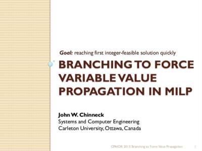 Goal: reaching first integer-feasible solution quickly  BRANCHING TO FORCE VARIABLE VALUE PROPAGATION IN MILP John W. Chinneck