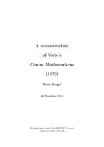 A reconstruction of Viète’s Canon Mathematicus
