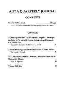 AIPLA QUARTERLY JOURNAL CONTENTS FALL201 VOLUME34, NUMBER4 O 2006 American Intellectual Property Law Association