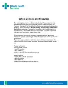 School Contacts and Resources The following document is a Community Contact Resource which lists different community groups that provide support to the schools in the Regional Municipality of Wood Buffalo. Resources are 