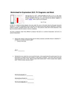 Worksheet for Exploration 20.5: PV Diagrams and Work Ideal gas law: PV = nRT. In this animation N = nR (i.e., kB = 1). This, then, gives the ideal gas law as PV = NT. The work done during a thermodynamic process depends 
