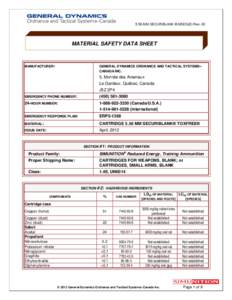 5.56 MM SECURIBLANK ®.MSDS(E) Rev. 00  MATERIAL SAFETY DATA SHEET GENERAL DYNAMICS ORDNANCE AND TACTICAL SYSTEMS– CANADA INC.