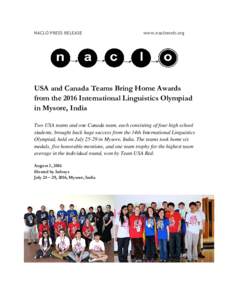 NACLO PRESS RELEASE  www.nacloweb.org USA and Canada Teams Bring Home Awards from the 2016 International Linguistics Olympiad