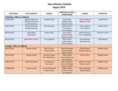 Mass Ministry Schedule August 2016 DATE/TIME ALTAR SERVERS
