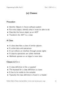 Programming for MSc Part II  Part 2: OOP in C++ (a) Classes