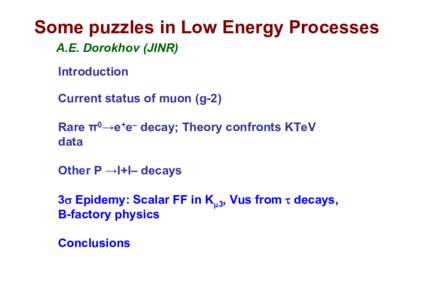 Some puzzles in Low Energy Processes A.E. Dorokhov (JINR) Introduction Current status of muon (g-2) Rare π0→e+e– decay; Theory confronts KTeV data