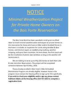 Updated: NOTICE Minimal Weatherization Project for Private Home Owners on the Bois Forte Reservation