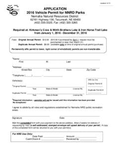 UpdatedAPPLICATION 2016 Vehicle Permit for NNRD Parks Nemaha Natural Resources DistrictHighway 136; Tecumseh, NE 68450