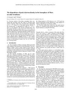 GEOPHYSICAL RESEARCH LETTERS, VOL. 40, 1960–1964, doi:[removed]grl.50344, 2013  The dependence of peak electron density in the ionosphere of Mars on solar irradiance Z. Girazian1 and P. Withers1 Received 4 February 2013