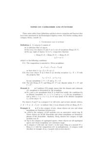 NOTES ON CATEGORIES AND FUNCTORS  These notes collect basic definitions and facts about categories and functors that have been mentioned in the Homological Algebra course. For further reading about category theory, consu