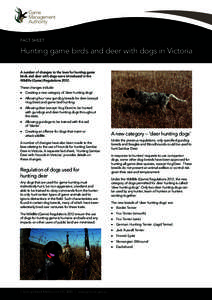 FACT SHEET  Hunting game birds and deer with dogs in Victoria A number of changes to the laws for hunting game birds and deer with dogs were introduced in the Wildlife (Game) Regulations 2012.