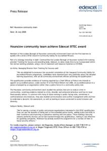 Press Release  Ref: Hounslow community team One90 High Holborn London