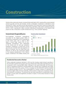 Activity in the construction industry remained historically high in 2014, capping off an unprecedented period of growth over the past decade. Overall, construction investment is estimated to have reached $10.1 billion, j