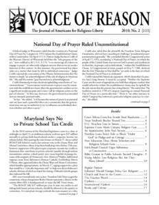 VOICE OF REASON The Journal of Americans for Religious Liberty 2010, NoNational Day of Prayer Ruled Unconstitutional