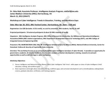 James Madison University (JMU) Cyberintel Workshop Draft Agenda, April 20, 2015