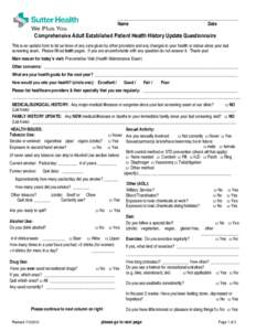 Sutter Health Comprehensive Adult Established Patient Health History Update Questionnaire