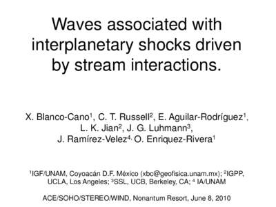 Waves associated with interplanetary shocks driven by stream interactions. X. Blanco-Cano1, C. T. Russell2, E. Aguilar-Rodríguez1, L. K. Jian2, J. G. Luhmann3, J. Ramírez-Velez4, O. Enriquez-Rivera1