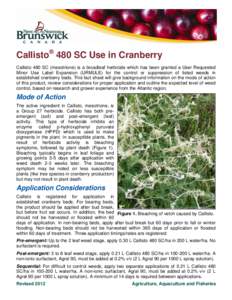 Callisto® 480 SC Use in Cranberry Callisto 480 SC (mesotrione) is a broadleaf herbicide which has been granted a User Requested Minor Use Label Expansion (URMULE) for the control or suppression of listed weeds in establ