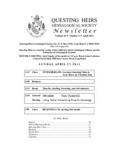 QUESTING HEIRS GENEALOGICAL SOCIETY N e w s l e tt e r Volume 44  Number 4  April 2011