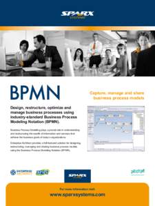 BPMN  Capture, manage and share business process models  Design, restructure, optimize and