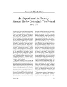 Conservative Minds Revisited  An Experiment in Honesty: Samuel Taylor Coleridge’s The Friend Jeffrey Cain