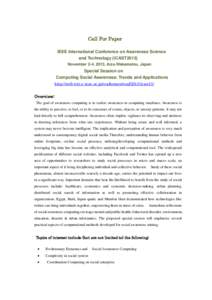 Call For Paper IEEE International Conference on Awareness Science and Technology (iCAST2013) November 2-4, 2013, Aizu-Wakamatsu, Japan  Special Session on