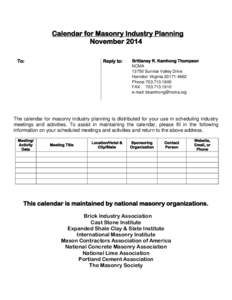 Calendar for Masonry Industry Planning November 2014 To: Reply to: