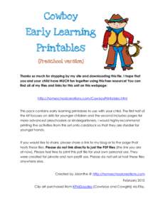 Cowboy Early Learning Printables {Preschool version}  Thanks so much for stopping by my site and downloading this file. I hope that