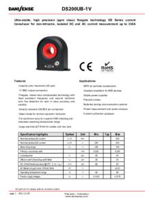 DS200UB-1V Ultra-stable, high precision (ppm class) fluxgate technology DS Series current transducer for non-intrusive, isolated DC and AC current measurement up to 330A Features