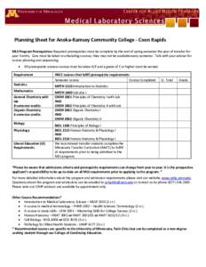 Planning Sheet for Anoka-Ramsey Community College - Coon Rapids MLS Program Prerequisites: Required prerequisites must be complete by the end of spring semester the year of transfer for year 3 entry. Care must be taken i