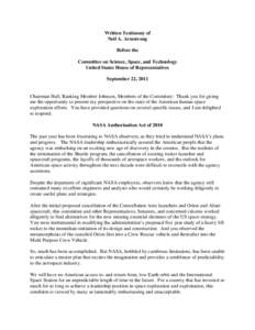 Written Testimony of Neil A. Armstrong Before the Committee on Science, Space, and Technology United States House of Representatives September 22, 2011