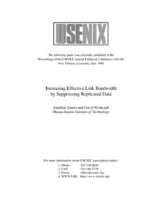 The following paper was originally published in the Proceedings of the USENIX Annual Technical Conference (NO 98) New Orleans, Louisiana, June 1998 Increasing Effective Link Bandwidth by Suppressing Replicated Data