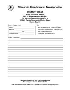 WIS 57 Public Involvement Meeting #2 - Comment sheet, October 8, 2014