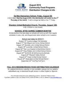 August 2016 Community Food Programs Distribution Changes & Info Del Mar Elementary School, Friday, August 5th 2:30-3:30pm Starting August 25th, this distribution will switch to the 4th Thursday of the month. It will no l