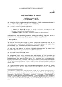 EUROPEAN COURT OF HUMAN RIGHTSPress release issued by the Registrar CHAMBER JUDGMENT ALEXANDRIDIS v. GREECE