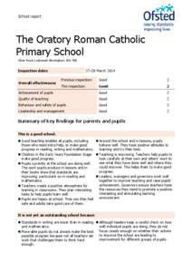 School report  The Oratory Roman Catholic Primary School Oliver Road, Ladywood, Birmingham, B16 9ER