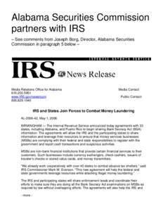 Alabama Securities Commission partners with IRS – See comments from Joseph Borg, Director, Alabama Securities Commission in paragraph 5 below –  Media Relations Office for Alabama
